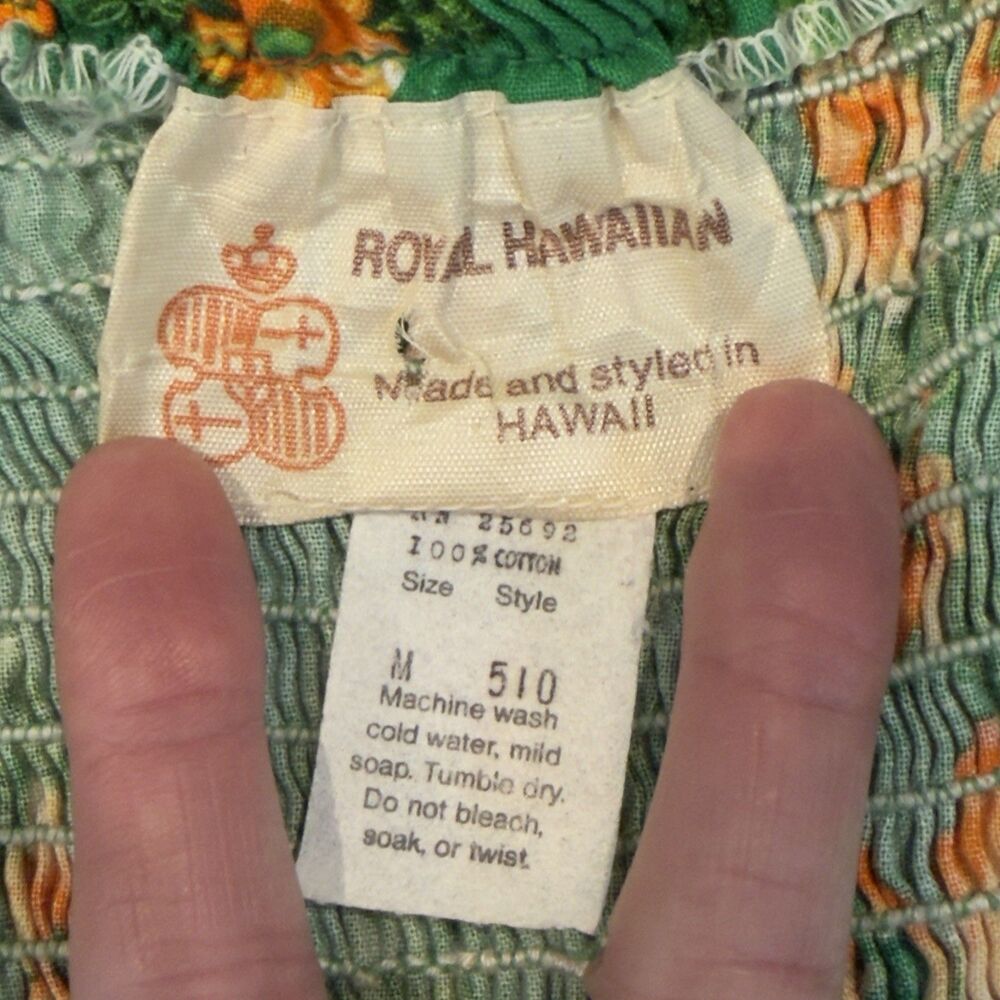 Vintage 70’s Royal Hawaiian Dress Womens M Green Yellow Hibiscus Cotton Smocked - Picture 4 of 5